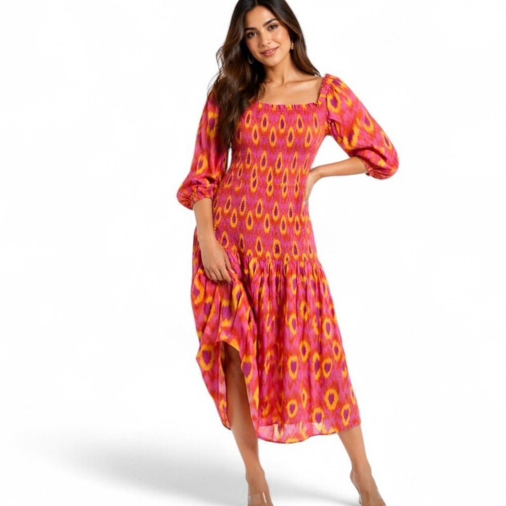Zara Pink Orange Ikat Smocked Midi Dress Womens Large Cotton Puff Sleeve Boho